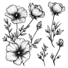 Cute monochrome set of isolated flower