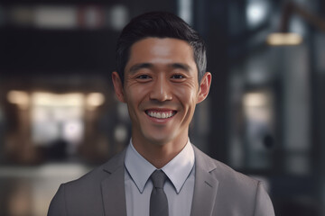 Asian businessman smiling at work. Rich man businessman. Professional career. World of work. Work in a company. AI.