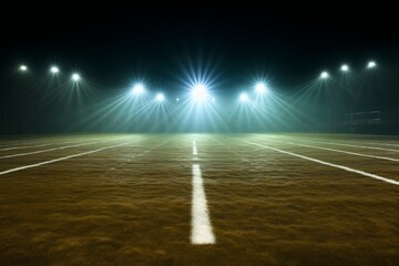 Football field illuminated by stadium lights.