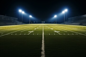 Football field illuminated by stadium lights.