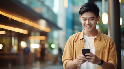 Attractive young Asian man smiling happily using smartphone, mobile texting, shopping cart and online social media city. Lifestyle