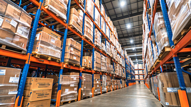 Industrial Warehouse Interior: Stacked Shelves and Boxes in a Large Storage Facility