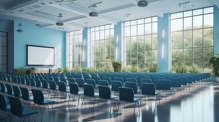 Obraz premium Empty Conference Room With Blue Chairs and Projector Screen