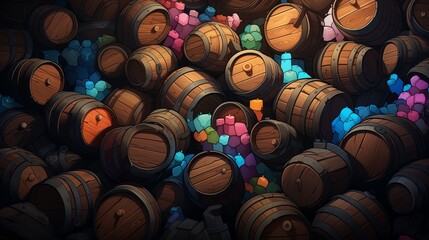 Fototapeta premium Stacked Wooden Barrels, Traditional and Efficient Storage Solution