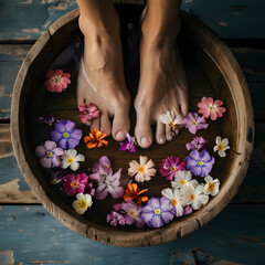 Obraz na płótnie Canvas Feet Immersed in Wooden Bowl with Floating Flowers.