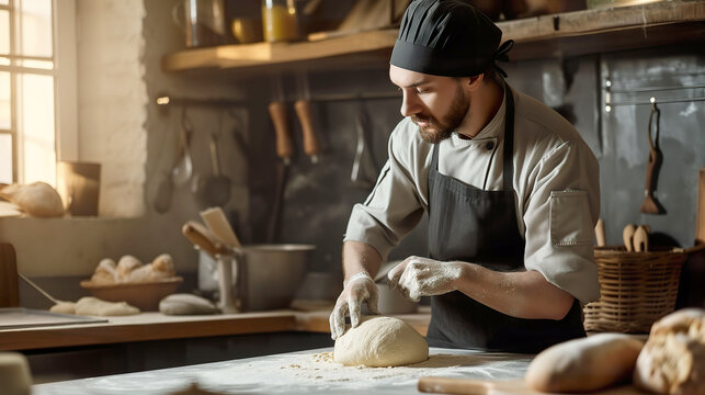 Male Baker Kneading Fresh Bread Dough at Kitchen Table