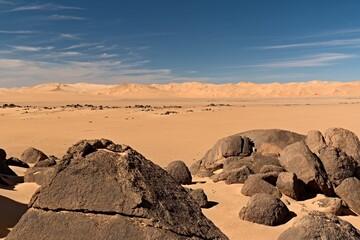 View of Erg Admer sand dunes, located near Djanet town. Tassili n Ajjer National Park. Sahara desert. Algeria. Africa.