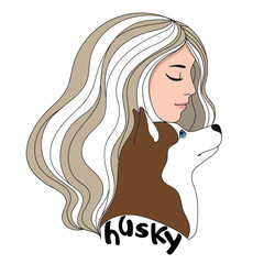 Young woman with her husky. Vector illustration on white background.