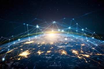 connection lines encircling the Earth's surface, futuristic technology backdrop enriched with dynamic circles and lines, connecting globe with internet, logistics, travel