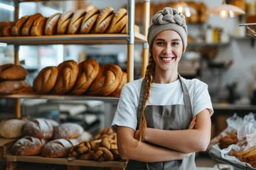 Foto auf Acrylglas Bäckerei baker with bread in bakery