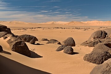 View of Erg Admer sand dunes, located near Djanet town. Tassili n Ajjer National Park. Sahara...