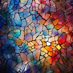 Take a close-up image of an epoxy-coated wall with a mosaic of translucent, colored glass pieces.