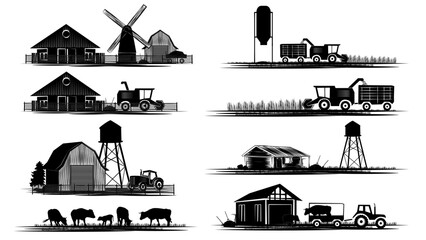 Set of silhouette scenes from farm life with fields, barns and machinery isolated on white background. Rural clipart. - obrazy, fototapety, plakaty