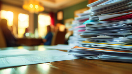 Organized Chaos in Business: Stacked Papers and Documents on an Office Desk - obrazy, fototapety, plakaty