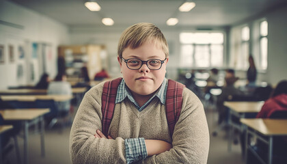 Fototapeta premium White boy with down syndrome smiling at camera