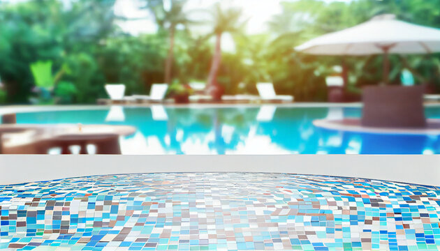 Empty ceramic mosaic table top and blurred swimming pool in tropical resort in summer banner background, for display or montage your products, Ai generated image