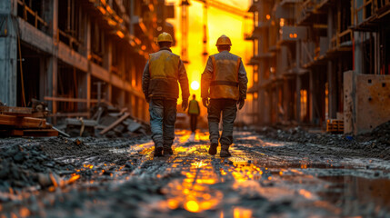 Development, background and engineer for building, construction site and maintenance with contractor, teamwork and landscape. Man working and preparing for infrastructure, vision and renovation - obrazy, fototapety, plakaty
