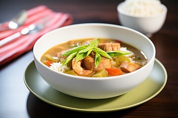 side view of a bowl of gumbo with shrimp on top