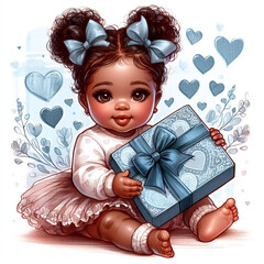 A cartoon of a baby holding a heart shaped box
