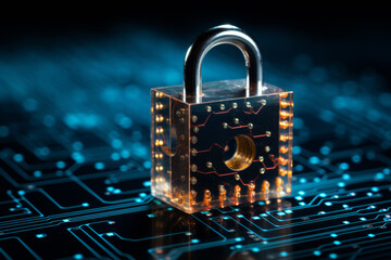 Modern concept of cybersecurity and data protection for internet privacy, padlock protecting business and financial data to safeguard personal information on digital devices.