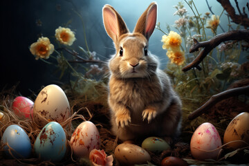 Easter bunny and easter eggs on dark background. Happy Easter concept - obrazy, fototapety, plakaty