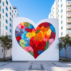 Creative street art object of a white wall with a bright hand-painted colorful heart outdoors.
