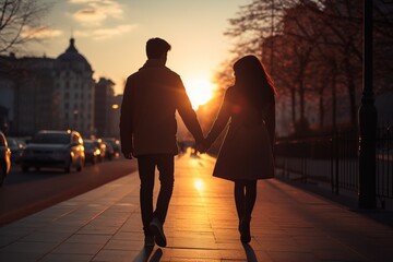 Couple in love walking in the city at sunset. Man and woman holding hands - Powered by Adobe