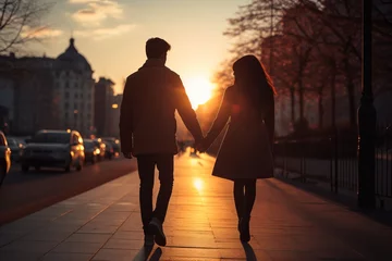 Fotobehang Couple in love walking in the city at sunset. Man and woman holding hands © IULIIA
