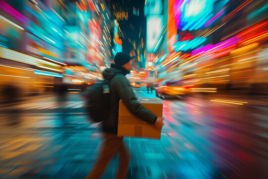 courier in motion with a parcel, set against a lively cityscape with colorful lights creating a mesmerizing blurry bokeh, capturing the energy and efficiency of express deliveries