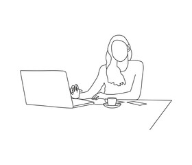 Vector drawing of woman using laptop continuous line art