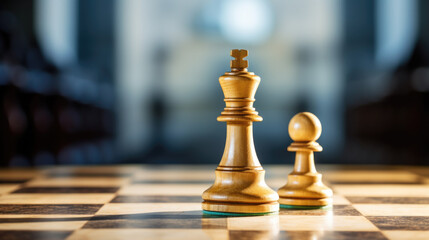 A chess king and pawn stand on a chessboard, focused and ready for the game.