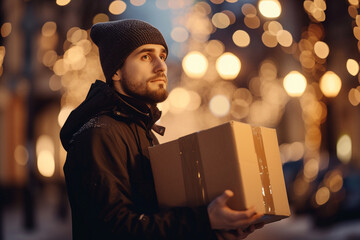 courier with a parcel in a residential neighborhood, with warm blurry bokeh lights in the background, creating a sense of comfort and reliability for commercial deliveries - obrazy, fototapety, plakaty