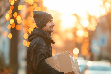 courier with a parcel in a residential neighborhood, with warm blurry bokeh lights in the background, creating a sense of comfort and reliability for commercial deliveries