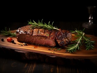 Steak with herbs and spices on a wooden board with dark background