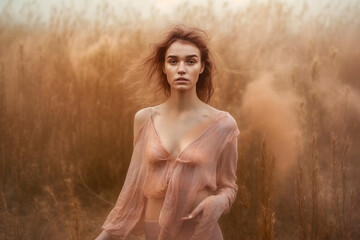 Attractive Morean woman wearing a low-cut salmon-colored blouse in a wheat field, ai generative