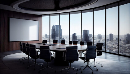Empty meeting room in office with panoramic cityscape, Business transformation background. Used for business presentations, Ai generated image