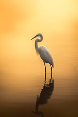 A solitary egret stands in calm waters, silhouetted against a golden sunset, casting a serene...