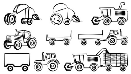 A set of agricultural machinery outline isolated on white background. Combine harvester and tractor with trailer. Clipart.