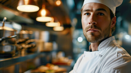 Fototapeta premium Gastronomic Artistry, Young American Chef Cook in Action