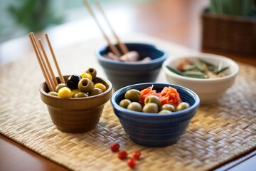small bowls with assorted olives beside breadsticks - obrazy, fototapety, plakaty