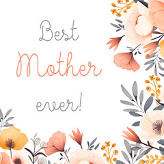 Watercolor card Happy Mother's day  with floral border. Isolated on white background. Perfect for card, postcard, tags, invitation, printing, wrapping.