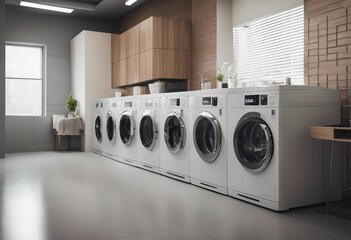 Washing machines in a clean organized neat utility laundry room or washing service room interior fro