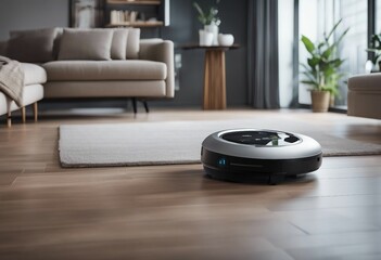 Wireless futuristic vacuum hoover cleaning machine robot on schedule in a living room with HUD datum