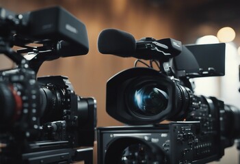 Close up on media production video cameras in a recording studio all logos or trademark signs and el