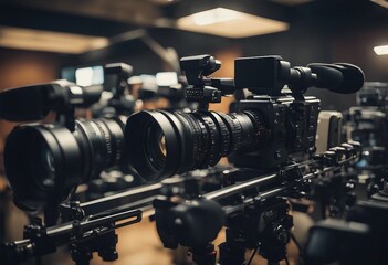Close up on media production video cameras in a recording studio ready for action - obrazy, fototapety, plakaty