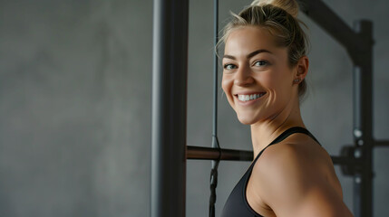 Wellness and Strength, Gym Banner with Smiling Fitness Model