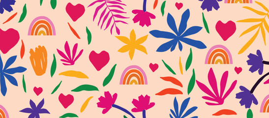 Fototapeta na wymiar Colorful organic shapes doodle collection. Cute botanical shapes, random childish doodle cutouts of tropical leaves and flowers, decorative abstract art vector illustration 
