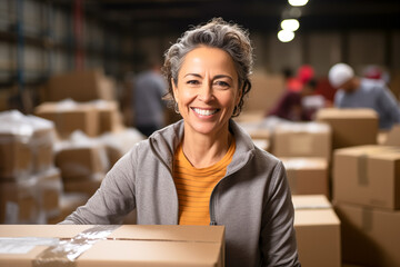 smiling middle aged woman working in warehouse, packing cardboard boxes