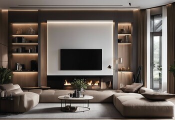 Modern contemporary luxury interior design of a living room with couch and fireplace as modern home