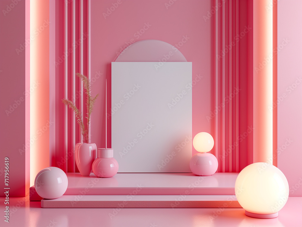 Poster 3d empty mockup frame set against an abstract background. abstract pink interior scene with spherica